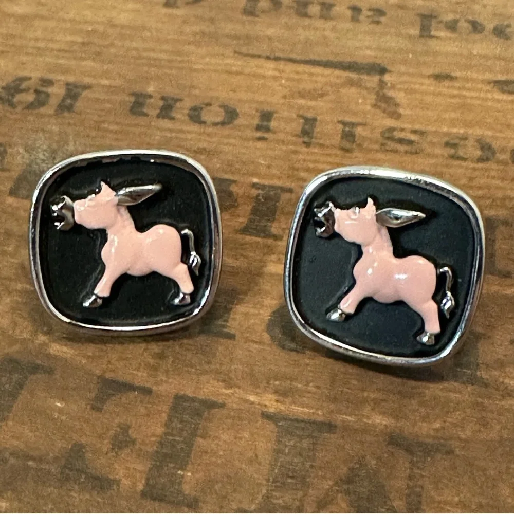 Hickok Pink Enamel Silver Toned Donkey Cufflinks Vintage